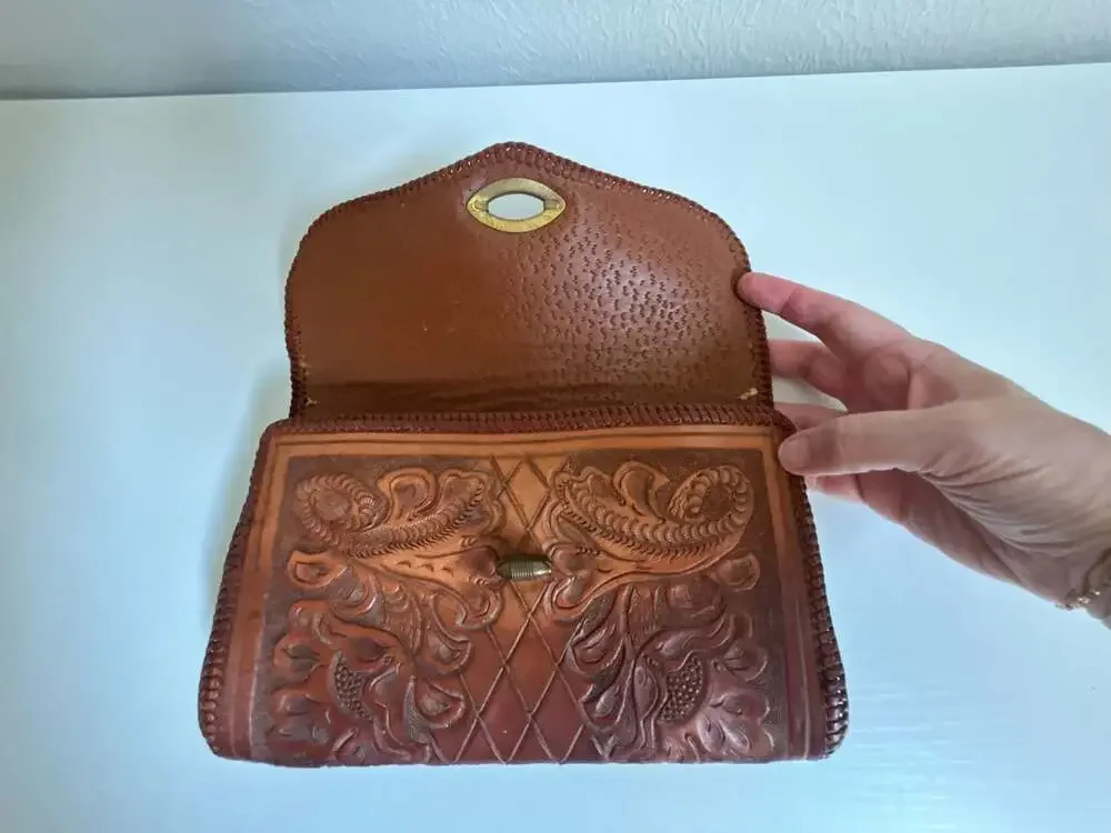 Vintage Hand-Tooled Floral Leather Clutch Purse with Turn-Lock Closure